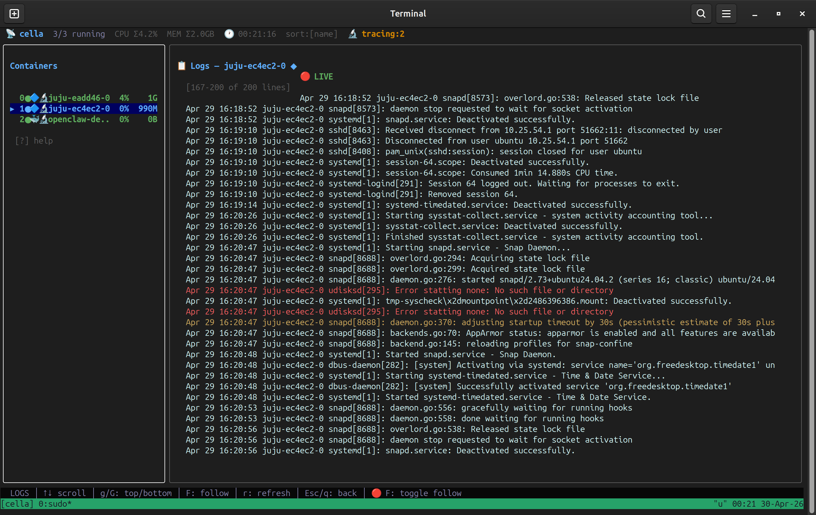Logs panel — streaming logs
